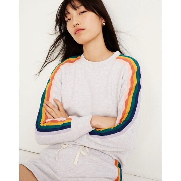 Madewell Sweatshirt Womens 2XS Gray Rainbow Inset Crop Crew Neck Pullover - Picture 1 of 11